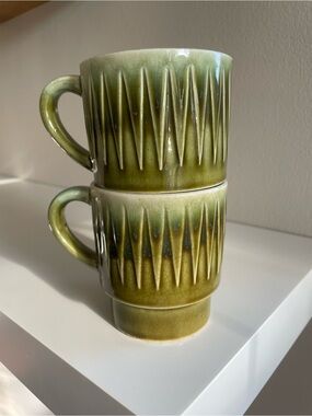 Vintage Japan Green Textured Glazed Ceramic Mugs - Set of 2